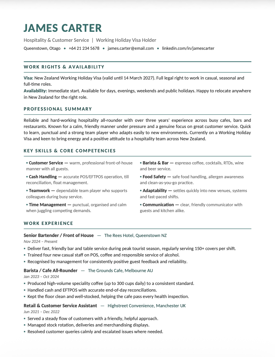Preview of the CV template: a one-page hospitality CV for a Working Holiday Visa holder in New Zealand, with work rights, professional summary, key skills and work experience sections.